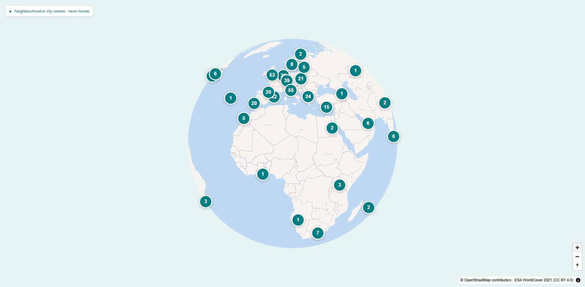 WorldSchooling Hub map showing family pins and clusters